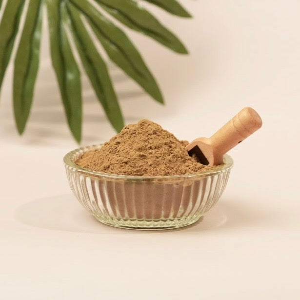 Glass bowl with brown powder and wooden scoop on a light background