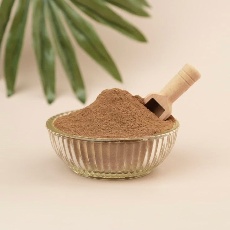 Glass bowl filled with brown powder and a wooden scoop on a light background