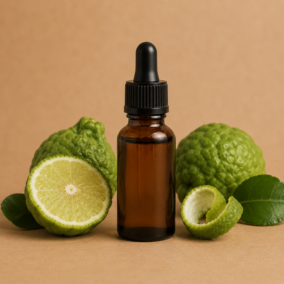 Bottle of essential oil with bergamot fruits on a beige background