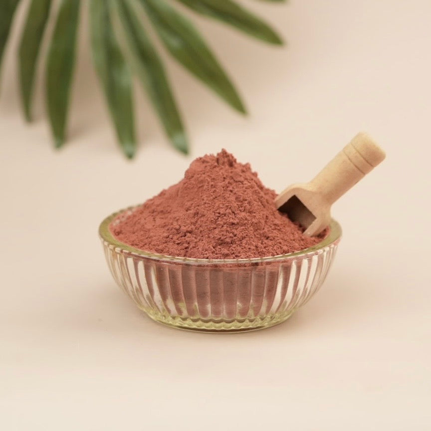 Glass bowl filled with red powder and a wooden scoop on a light background