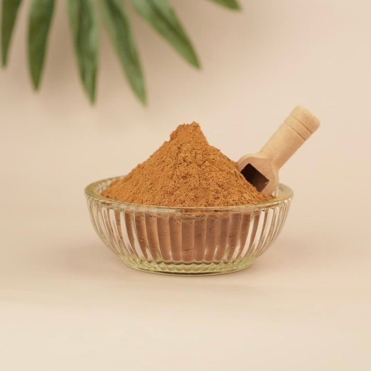 Glass bowl filled with brown powder and a wooden scoop on a beige background