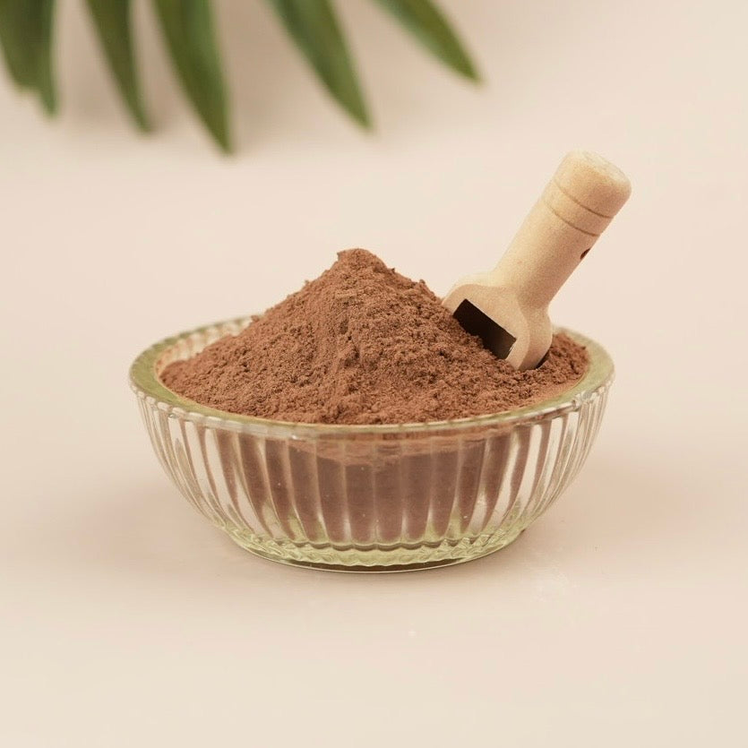 Glass bowl filled with brown powder and a wooden scoop on a light background