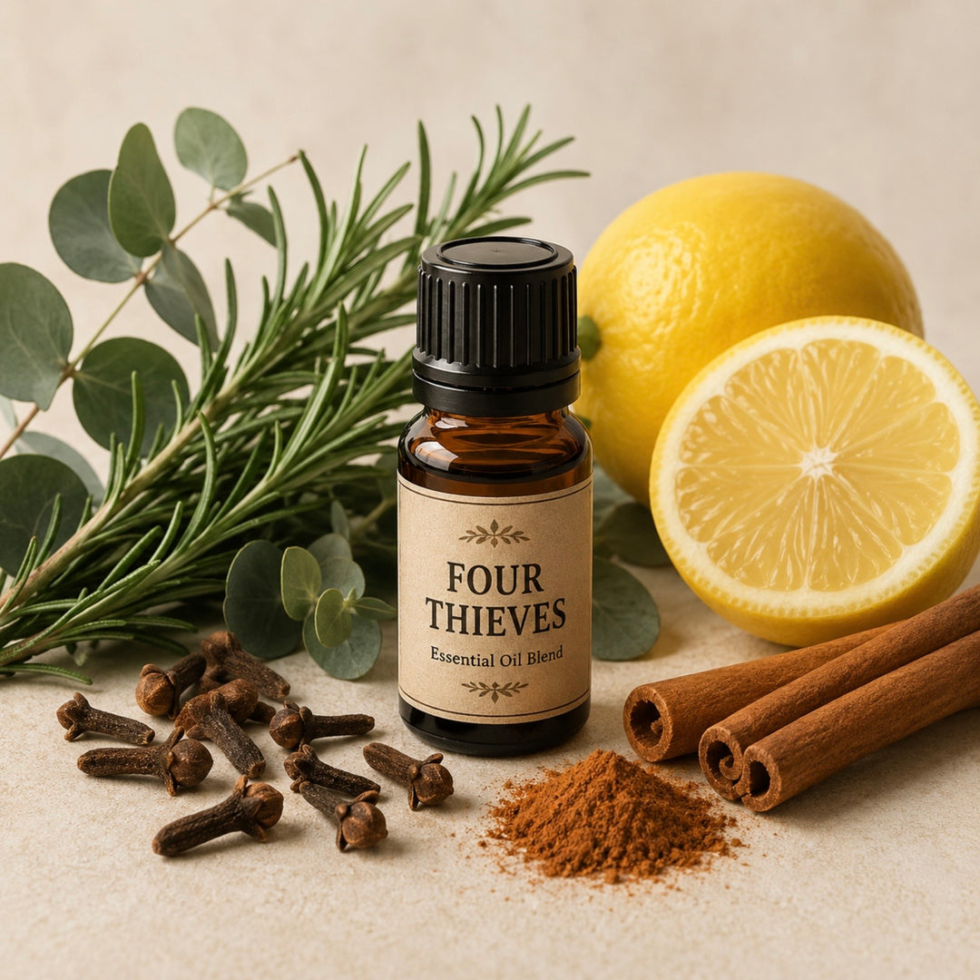 A brown bottle surrounded by lemon, cinnamon, cloves and herbs