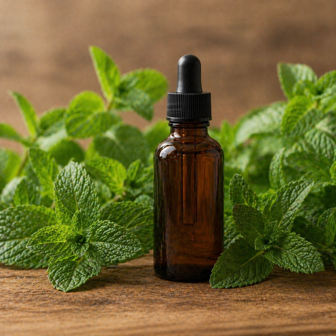 Brown glass bottle with a dropper surrounded by fresh green mint leaves on a wooden surface.