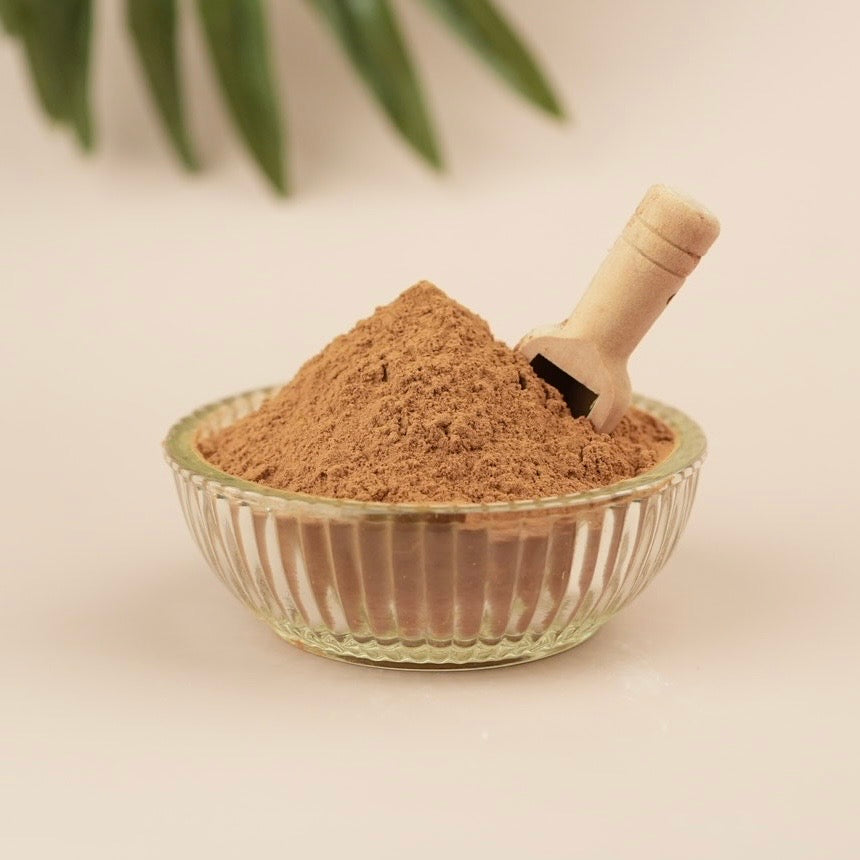 Glass bowl filled with brown powder and a wooden scoop on a light background