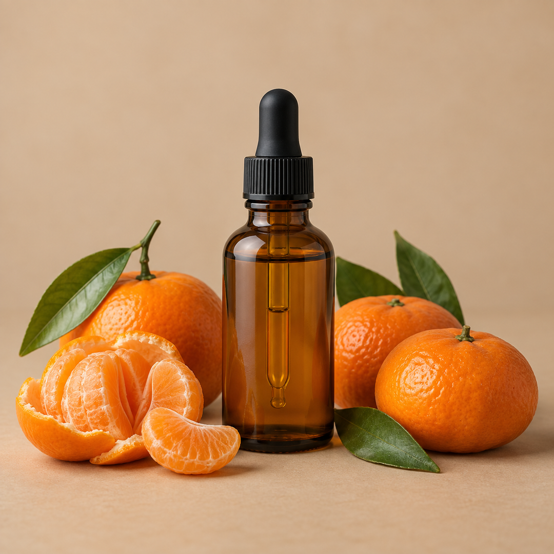 An amber glass dropper bottle with a black cap stands centered on a warm beige background, surrounded by whole and peeled oranges with green leaves.
